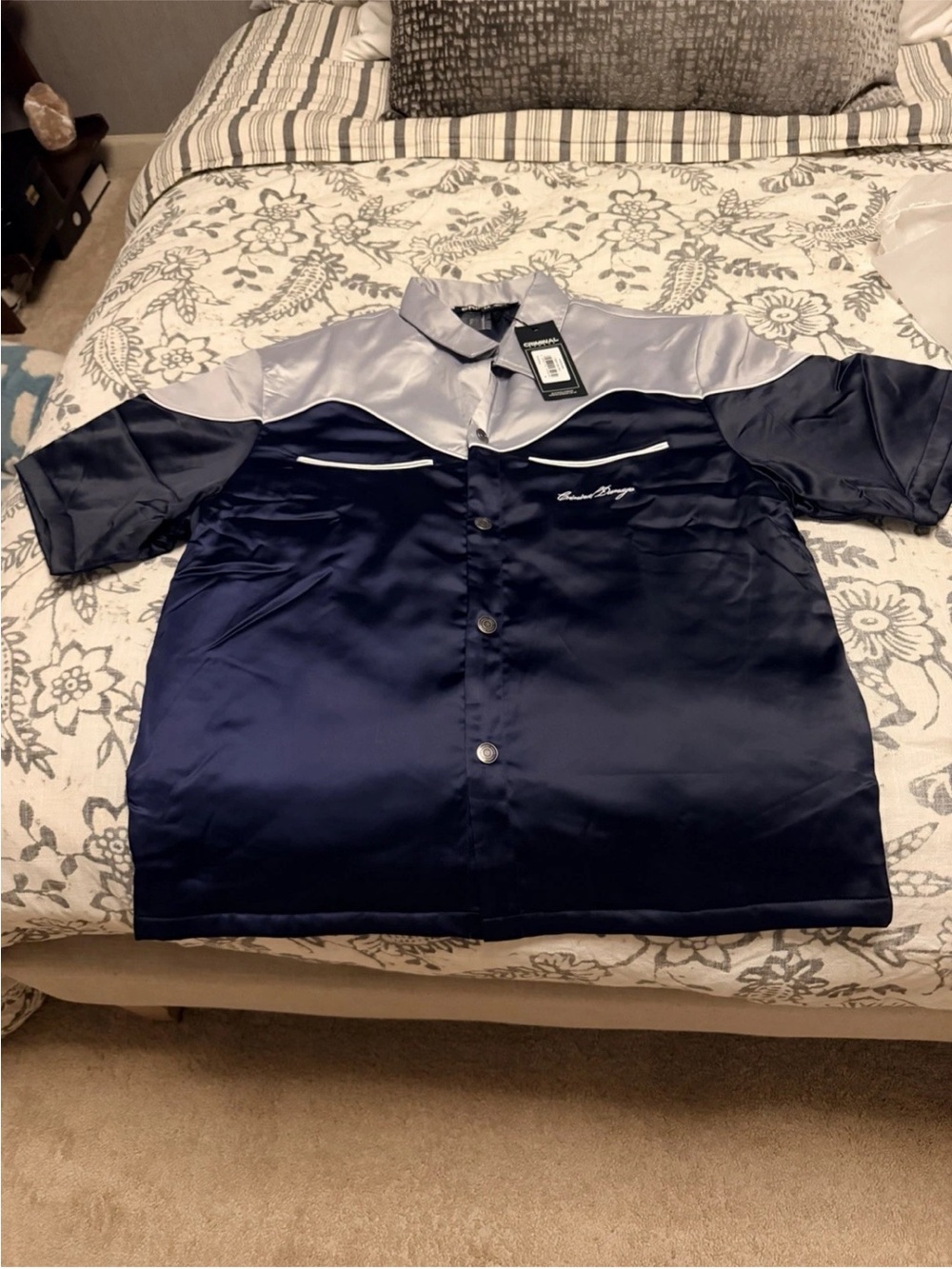 Two-Tone Satin Button-Up Shirt - Navy and Light Gray
